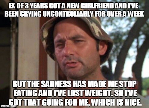 So I Got That Goin For Me Which Is Nice Meme | EX OF 3 YEARS GOT A NEW GIRLFRIEND AND I'VE BEEN CRYING UNCONTROLLABLY FOR OVER A WEEK BUT THE SADNESS HAS MADE ME STOP EATING AND I'VE LOST | image tagged in memes,so i got that goin for me which is nice | made w/ Imgflip meme maker