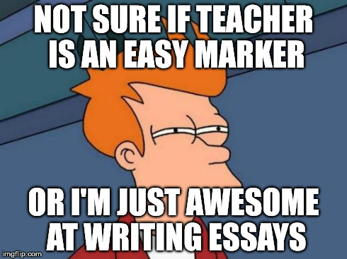 Futurama Fry Meme | NOT SURE IF TEACHER IS AN EASY MARKER OR I'M JUST AWESOME AT WRITING ESSAYS | image tagged in memes,futurama fry | made w/ Imgflip meme maker