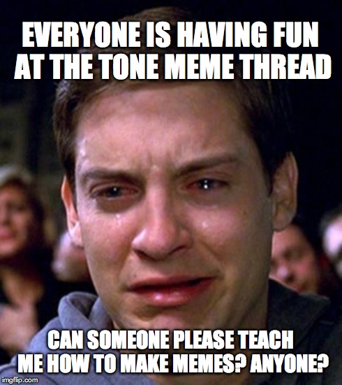 crying peter parker | EVERYONE IS HAVING FUN AT THE TONE MEME THREAD CAN SOMEONE PLEASE TEACH ME HOW TO MAKE MEMES? ANYONE? | image tagged in crying peter parker | made w/ Imgflip meme maker