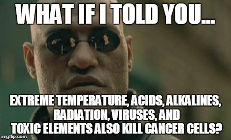 Matrix Morpheus Meme | WHAT IF I TOLD YOU... EXTREME TEMPERATURE, ACIDS, ALKALINES, RADIATION, VIRUSES, AND TOXIC ELEMENTS ALSO KILL CANCER CELLS? | image tagged in memes,matrix morpheus | made w/ Imgflip meme maker