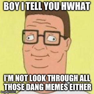 Hank Hill | BOY I TELL YOU HWHAT I'M NOT LOOK THROUGH ALL THOSE DANG MEMES EITHER | image tagged in hank hill | made w/ Imgflip meme maker