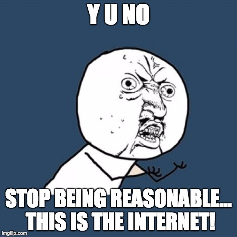 Y U No | Y U NO STOP BEING REASONABLE... THIS IS THE INTERNET! | image tagged in memes,y u no | made w/ Imgflip meme maker