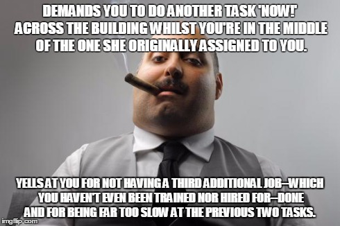 Scumbag Boss Meme | DEMANDS YOU TO DO ANOTHER TASK 'NOW!' ACROSS THE BUILDING WHILST YOU'RE IN THE MIDDLE OF THE ONE SHE ORIGINALLY ASSIGNED TO YOU. YELLS AT YO | image tagged in memes,scumbag boss | made w/ Imgflip meme maker
