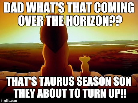 Lion King Meme | DAD WHAT'S THAT COMING OVER THE HORIZON?? THAT'S TAURUS SEASON SON THEY ABOUT TO TURN UP!! | image tagged in memes,lion king | made w/ Imgflip meme maker