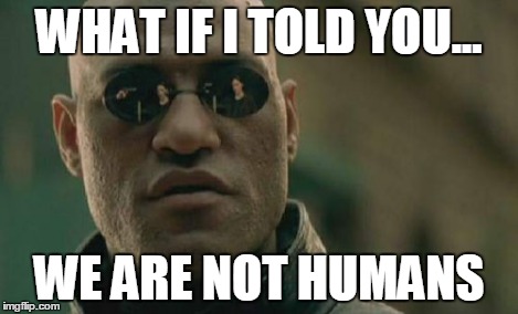 Matrix Morpheus Meme | WHAT IF I TOLD YOU... WE ARE NOT HUMANS | image tagged in memes,matrix morpheus | made w/ Imgflip meme maker