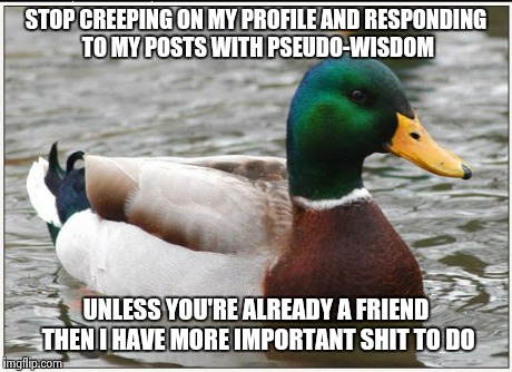 Actual Advice Mallard Meme | STOP CREEPING ON MY PROFILE AND RESPONDING TO MY POSTS WITH PSEUDO-WISDOM UNLESS YOU'RE ALREADY A FRIEND THEN I HAVE MORE IMPORTANT SHIT TO  | image tagged in memes,actual advice mallard | made w/ Imgflip meme maker