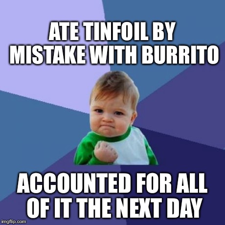 Success Kid Meme | ATE TINFOIL BY MISTAKE WITH BURRITO ACCOUNTED FOR ALL OF IT THE NEXT DAY | image tagged in memes,success kid | made w/ Imgflip meme maker