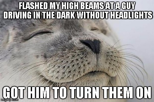 Stay safe people! | FLASHED MY HIGH BEAMS AT A GUY DRIVING IN THE DARK WITHOUT HEADLIGHTS GOT HIM TO TURN THEM ON | image tagged in memes,satisfied seal | made w/ Imgflip meme maker