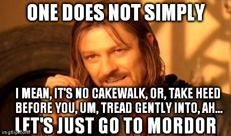 One Does Not Simply Meme | ONE DOES NOT SIMPLY LET'S JUST GO TO MORDOR I MEAN, IT'S NO CAKEWALK, OR, TAKE HEED BEFORE YOU, UM, TREAD GENTLY INTO, AH... | image tagged in memes,one does not simply | made w/ Imgflip meme maker