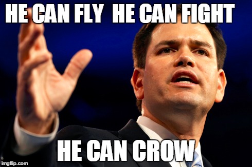 HE CAN FLY  HE CAN FIGHT HE CAN CROW | image tagged in rubio2016,rufio,marco rubio,hillary clinton | made w/ Imgflip meme maker