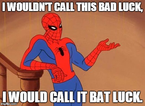 Spiderman Debate | I WOULDN'T CALL THIS BAD LUCK, I WOULD CALL IT BAT LUCK. | image tagged in spiderman debate | made w/ Imgflip meme maker