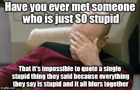 Please tell me I'm not the only one who knows someone who's more or less like this... | Have you ever met someone who is just SO stupid That it's impossible to quote a single stupid thing they said because everything they say is | image tagged in memes,captain picard facepalm | made w/ Imgflip meme maker