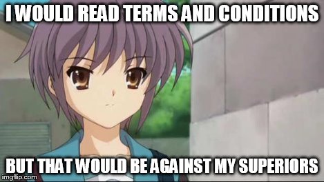Nagato Blank Stare | I WOULD READ TERMS AND CONDITIONS BUT THAT WOULD BE AGAINST MY SUPERIORS | image tagged in nagato blank stare | made w/ Imgflip meme maker