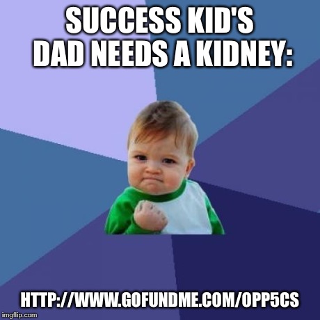Success Kid Meme | SUCCESS KID'S DAD NEEDS A KIDNEY: HTTP://WWW.GOFUNDME.COM/OPP5CS | image tagged in memes,success kid | made w/ Imgflip meme maker