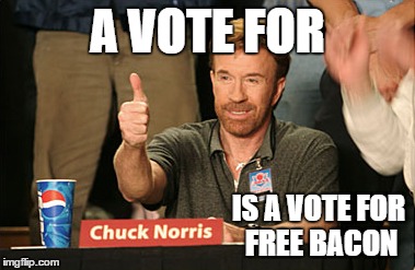 Chuck Norris Approves Meme | A VOTE FOR IS A VOTE FOR FREE BACON | image tagged in memes,chuck norris approves | made w/ Imgflip meme maker