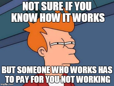 Futurama Fry Meme | NOT SURE IF YOU KNOW HOW IT WORKS BUT SOMEONE WHO WORKS HAS TO PAY FOR YOU NOT WORKING | image tagged in memes,futurama fry | made w/ Imgflip meme maker