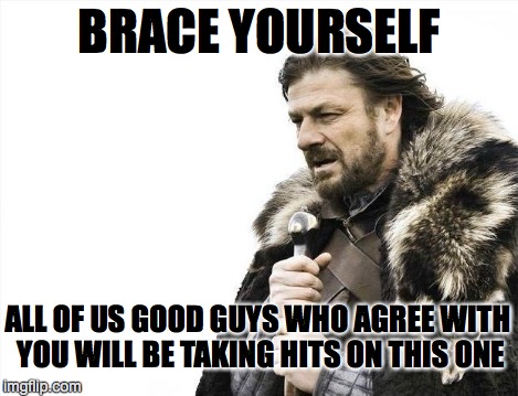 Brace Yourselves X is Coming Meme | BRACE YOURSELF ALL OF US GOOD GUYS WHO AGREE WITH YOU WILL BE TAKING HITS ON THIS ONE | image tagged in memes,brace yourselves x is coming | made w/ Imgflip meme maker