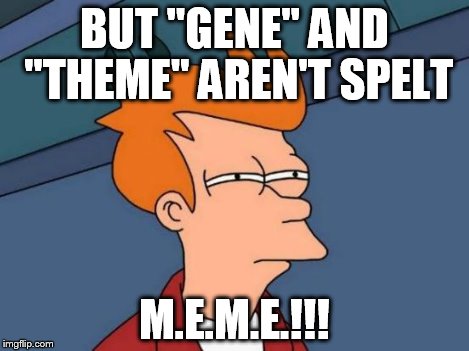 Futurama Fry Meme | BUT "GENE" AND "THEME" AREN'T SPELT M.E.M.E.!!! | image tagged in memes,futurama fry | made w/ Imgflip meme maker