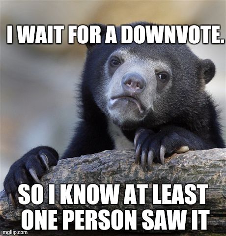 Confession Bear Meme | I WAIT FOR A DOWNVOTE. SO I KNOW AT LEAST ONE PERSON SAW IT | image tagged in memes,confession bear | made w/ Imgflip meme maker