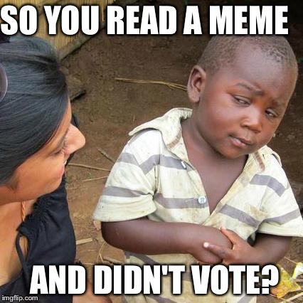 Third World Skeptical Kid Meme | SO YOU READ A MEME AND DIDN'T VOTE? | image tagged in memes,third world skeptical kid | made w/ Imgflip meme maker