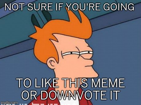 Futurama Fry | NOT SURE IF YOU'RE GOING TO LIKE THIS MEME OR DOWNVOTE IT | image tagged in memes,futurama fry | made w/ Imgflip meme maker