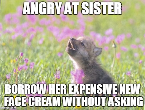 Baby Insanity Wolf | ANGRY AT SISTER BORROW HER EXPENSIVE NEW FACE CREAM WITHOUT ASKING | image tagged in memes,baby insanity wolf,AdviceAnimals | made w/ Imgflip meme maker