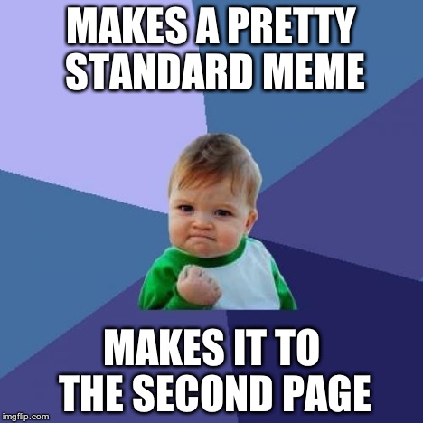 Success Kid | MAKES A PRETTY STANDARD MEME MAKES IT TO THE SECOND PAGE | image tagged in memes,success kid | made w/ Imgflip meme maker