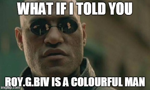 Matrix Morpheus | WHAT IF I TOLD YOU ROY.G.BIV IS A COLOURFUL MAN | image tagged in memes,matrix morpheus | made w/ Imgflip meme maker