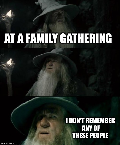 Confused Gandalf Meme | AT A FAMILY GATHERING I DON'T REMEMBER ANY OF THESE PEOPLE | image tagged in memes,confused gandalf | made w/ Imgflip meme maker