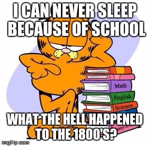 School was stupid, it still is | I CAN NEVER SLEEP BECAUSE OF SCHOOL WHAT THE HELL HAPPENED TO THE 1800'S? | image tagged in garfield knows | made w/ Imgflip meme maker