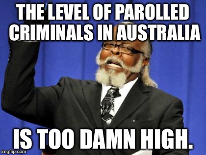 Sadly this is too true. | THE LEVEL OF PAROLLED CRIMINALS IN AUSTRALIA IS TOO DAMN HIGH. | image tagged in memes,too damn high | made w/ Imgflip meme maker