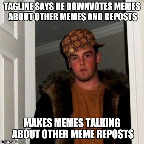 Scumbag Steve Meme | TAGLINE SAYS HE DOWNVOTES MEMES ABOUT OTHER MEMES AND REPOSTS MAKES MEMES TALKING ABOUT OTHER MEME REPOSTS | image tagged in memes,scumbag steve | made w/ Imgflip meme maker