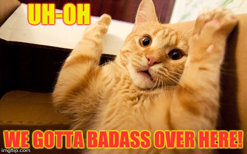 uh-oh we gotta badass over here! | UH-OH WE GOTTA BADASS OVER HERE! | image tagged in cats,funny memes,memes,funny,funny cats,comedy | made w/ Imgflip meme maker