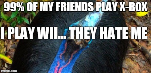 99% OF MY FRIENDS PLAY X-BOX I PLAY WII... THEY HATE ME | image tagged in creepy cassowary | made w/ Imgflip meme maker