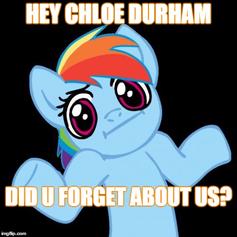 Pony Shrugs | HEY CHLOE DURHAM DID U FORGET ABOUT US? | image tagged in memes,pony shrugs | made w/ Imgflip meme maker