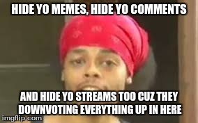 The downvote fairy is back | HIDE YO MEMES, HIDE YO COMMENTS AND HIDE YO STREAMS TOO CUZ THEY DOWNVOTING EVERYTHING UP IN HERE | image tagged in hide yo kids hide yo wife | made w/ Imgflip meme maker