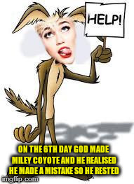 ON THE 6TH DAY GOD MADE MILEY COYOTE AND HE REALISED HE MADE A MISTAKE SO HE RESTED | image tagged in miley coyote | made w/ Imgflip meme maker