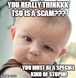 Join me on Tsu:  www.tsu.co/codycookstonart | YOU REALLY THINKKK TSU IS A SCAM??? YOU MUST BE A SPECIAL KIND OF STUPID! | image tagged in memes,skeptical baby,tsu,scam | made w/ Imgflip meme maker