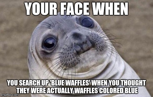 Awkward Moment Sealion | YOUR FACE WHEN YOU SEARCH UP 'BLUE WAFFLES' WHEN YOU THOUGHT THEY WERE ACTUALLY WAFFLES COLORED BLUE | image tagged in memes,awkward moment sealion | made w/ Imgflip meme maker