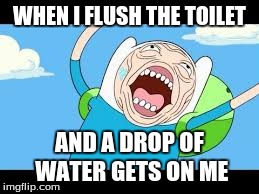 Finn Freaks Out | WHEN I FLUSH THE TOILET AND A DROP OF WATER GETS ON ME | image tagged in adventure time | made w/ Imgflip meme maker
