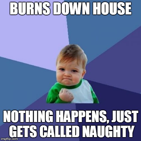 Success Kid Meme | BURNS DOWN HOUSE NOTHING HAPPENS, JUST GETS CALLED NAUGHTY | image tagged in memes,success kid | made w/ Imgflip meme maker