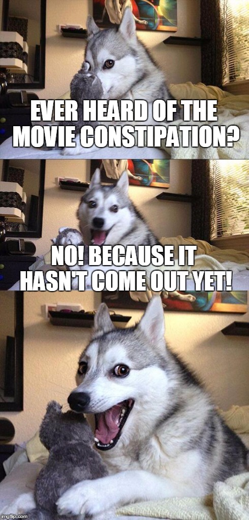 Bad Pun Dog | EVER HEARD OF THE MOVIE CONSTIPATION? NO! BECAUSE IT HASN'T COME OUT YET! | image tagged in memes,bad pun dog | made w/ Imgflip meme maker