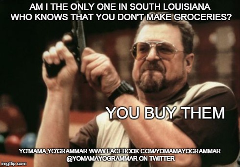 Am I The Only One Around Here | AM I THE ONLY ONE IN SOUTH LOUISIANA WHO KNOWS THAT YOU DON'T MAKE GROCERIES? YO'MAMA,YO'GRAMMAR WWW.FACEBOOK.COM/YOMAMAYOGRAMMAR @YOMAMAYOG | image tagged in memes,am i the only one around here | made w/ Imgflip meme maker