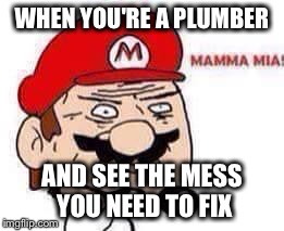 Mamma Mia | WHEN YOU'RE A PLUMBER AND SEE THE MESS YOU NEED TO FIX | image tagged in mamma mia,mario | made w/ Imgflip meme maker