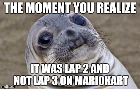Awkward Moment Sealion | THE MOMENT YOU
REALIZE IT WAS LAP 2 AND NOT LAP
3 ON MARIOKART | image tagged in memes,awkward moment sealion | made w/ Imgflip meme maker