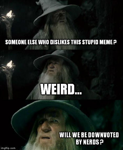 Confused Gandalf Meme | SOMEONE ELSE WHO DISLIKES THIS STUPID MEME ? WEIRD... WILL WE BE DOWNVOTED BY NERDS ? | image tagged in memes,confused gandalf | made w/ Imgflip meme maker