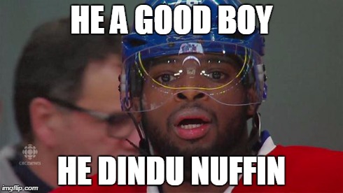 HE A GOOD BOY HE DINDU NUFFIN | image tagged in canadiens,subban,marc stone,senators,ottawa,montreal | made w/ Imgflip meme maker
