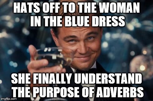 Leonardo Dicaprio Cheers | HATS OFF TO THE WOMAN IN THE BLUE DRESS SHE FINALLY UNDERSTAND THE PURPOSE OF ADVERBS | image tagged in memes,leonardo dicaprio cheers | made w/ Imgflip meme maker