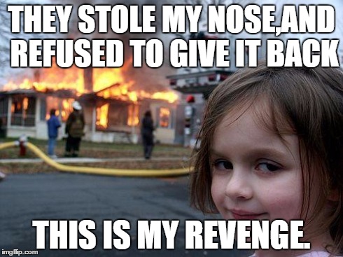 Disaster Girl Meme | THEY STOLE MY NOSE,AND REFUSED TO GIVE IT BACK THIS IS MY REVENGE. | image tagged in memes,disaster girl | made w/ Imgflip meme maker
