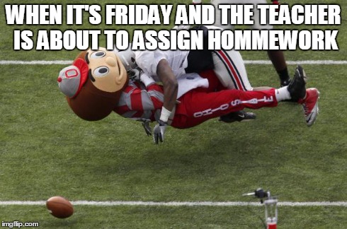 I wish someone would do this... | WHEN IT'S FRIDAY AND THE TEACHER IS ABOUT TO ASSIGN HOMMEWORK | image tagged in brutus buckeye tackled,grumpy cat,one does not simply,doge,bad luck brian,brian williams was there | made w/ Imgflip meme maker